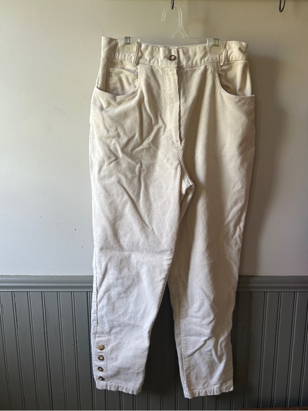 High-Waist Button Cuff Cream Corduroy Pants